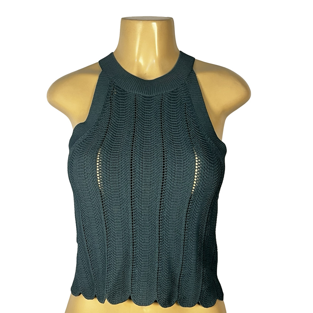 Wilfred Aritzia Sweater Tank Womens XS Teal Knit‎ Halter Scallop Hem Ribbed Top